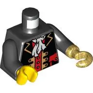 Torso Pirate Captain Jacket with White Ascot / '2012 The LEGO Store Alpharetta, GA' on Back Print, Black Arms, Yellow Hand Right, Pearl Gold Hook Left
