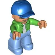 Duplo Figure with Cap Blue, with Bright Green Long Sleeve Shirt over White Shirt - Medium Blue Legs