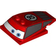 Brick Wedged, Curved 6 x 4 x 1 1/3 with 4 x 4 Base with Blue Eyes, Windows and '95' Print (Lightning McQueen)