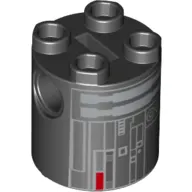 Brick Round 2 x 2 x 2 Robot Body, Axle Holder '+' Orientation with Grey, Silver, and Red Imperial Astromech Droid Print