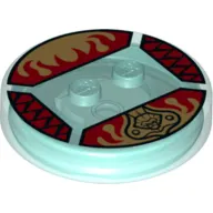 Function Brick Round 4 x 4 x 2/3 with 2 Studs and Gold Chima Lion Symbol and Red Fire Print
