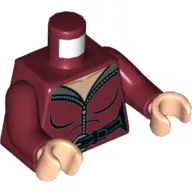 Torso Jumpsuit with Half Open Zipper and Black Belt Print, Dark Red Arms, Light Nougat Hands