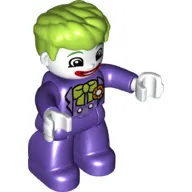 Duplo Figure with Thick Hair Combed Forward, Purple Legs and Arms, White Hands, with White Clown Face and Lime Bow on Chest Print (Joker)