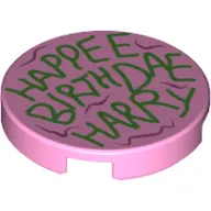 Tile Round 2 x 2 with Green 'HAPPEE BIRTHDAE HARRY' print