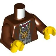 Torso Jacket, Open over Armored Vest, Gold Necklace with Police Badge Pendant Print, Reddish Brown Arms, Yellow Hands