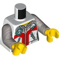 Torso, Jacket, Zipper, Light Bluish Grey/Red Shapes, Dark Turquoise Circle with White '2', Dragon print, Flat Silver Arms, Yellow Hands