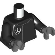 Torso, White Mercedes Logo print, Black Arms, Dark Bluish Gray Hands