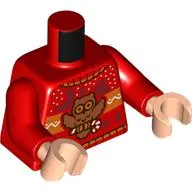 Torso, Christmas Sweater, Medium Nougat Owl print, Red Arms, Light Nougat Hands