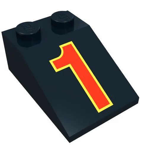 Brick Sloped 33° 3 x 2 with Red '1' and Yellow Outline Print