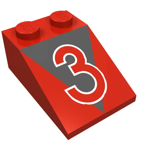 Brick Sloped 33° 3 x 2 with Red '3', Black Triangle Print