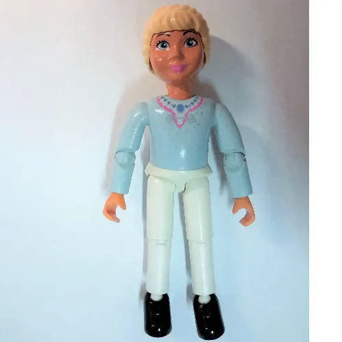 Belville Figure Articulated Elbows, Child, Female, Light Yellow Hair, White Pants, Light Blue Top with Dark Pink Trim and Necklace Print