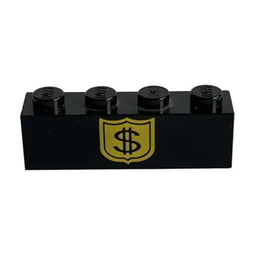 Brick 1 x 4 with Black Dollar Sign on Yellow Badge Print