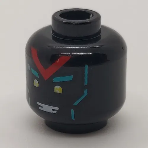 Minifig Head Unagami, Yellow Eyes, Red 'V', Dark Turquoise Eyebrows and Lines / Angry with Red Squares Print