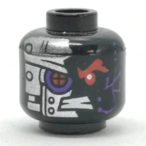 Minifig Head General Cryptor / Nindroid, Red Robot Eye with Purple Edge, Metal Plating, Rivets Print