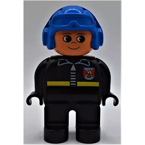 Duplo Figure, Early, Aviator Hat Blue, Black Legs, Fire Jacket with Zipper Print