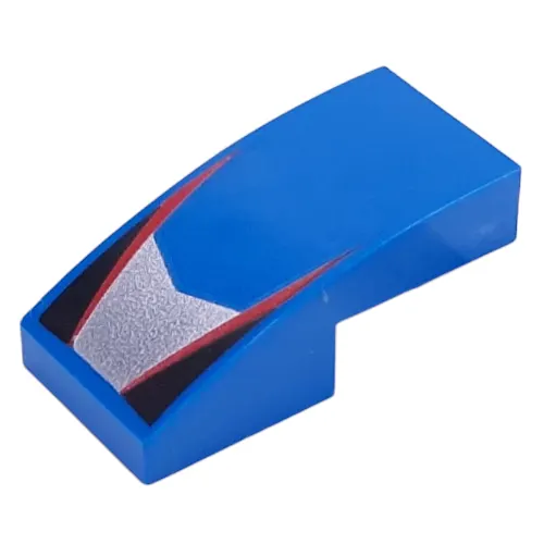 Brick Curved 2 x 1 No Studs with Red Stripes, Black Triangles, Silver Shape print