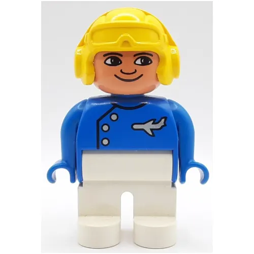 Duplo Figure, Early, Aviator Hat Yellow, White Legs, Buttons, Airplane, Turned Down Nose Paint