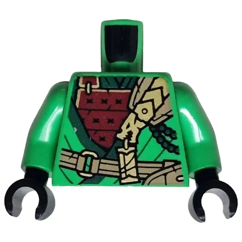 Torso, Ninja Robes, Dark Green Trim, Dark Red Plated Armor, Dark Tan Strap, Gold Dragon print, Bright Green Arms, Black Hands