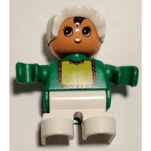 Duplo Figure, Early Child, with Bonnet White, and White Legs, Yellow Bib with Red Lace Print