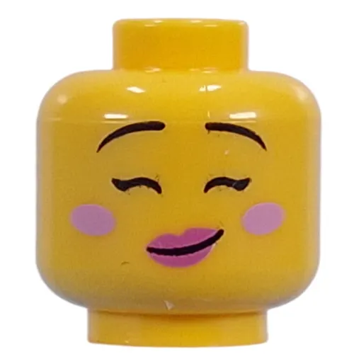 Minifig Head Thin Black Eyebrows, Bright Pink Cheeks, Dark Pinks Lips, Open Mouth Crookes Smile/Close Eyes, Crooked Smile