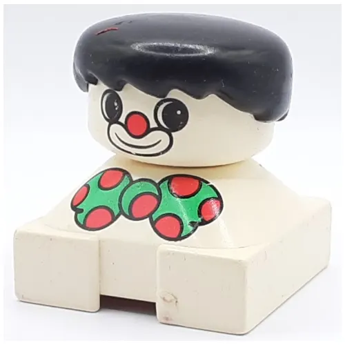Duplo 2 x 2 x 2 Figure Brick, Spiky Bangs, Black Hair, Clown Make-up, Green Bow Tie with Red Dots, Red Nose Print