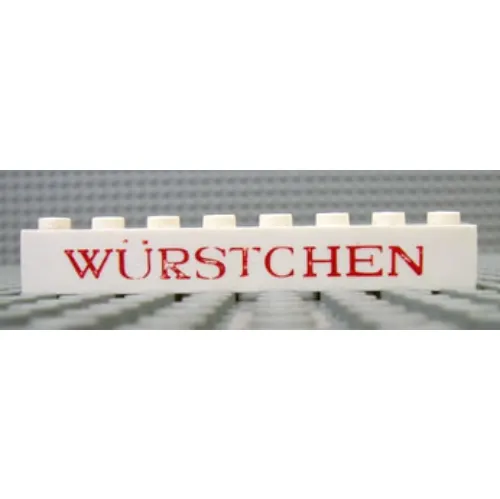 Brick 1 x 8 with 'Würstchen' ('Wurstchen') Thin Red Print