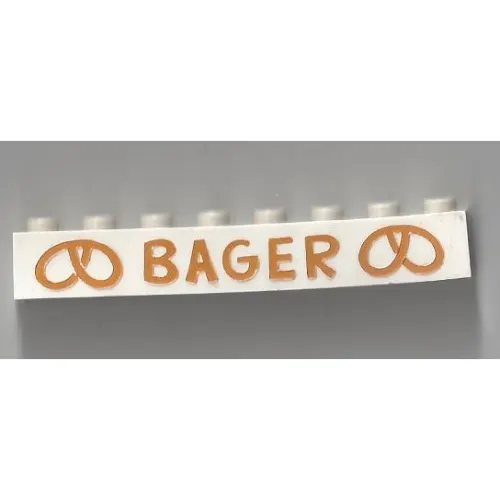 Brick 1 x 8 without Bottom Tubes with Cross Side Supports with 'BAGER' 2 Pretzels Large Gold Print