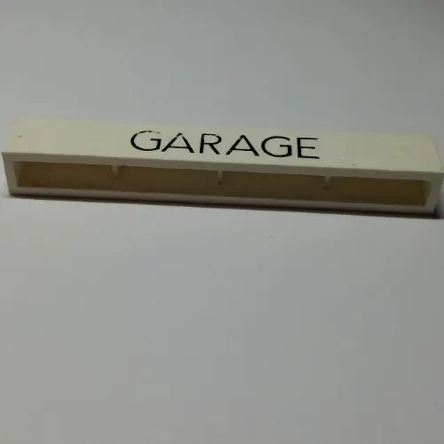 Brick 1 x 8 without Bottom Tubes with Cross Side Supports with 'GARAGE' Thin Narrow Black Print