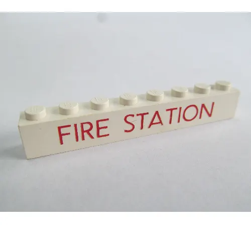 Brick 1 x 8 without Bottom Tubes with Cross Side Supports with 'FIRE STATION' Thin Red Print