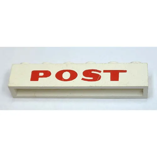 Brick 1 x 6 without Bottom Tubes with Cross Side Supports with 'POST' Thick Red Print