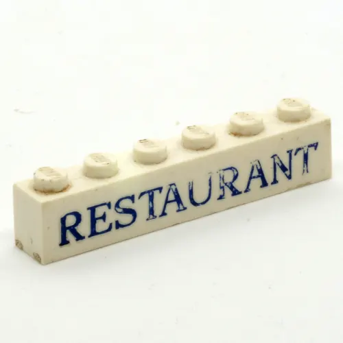 Brick 1 x 6 without Bottom Tubes with Cross Side Supports with 'RESTAURANT' Serif Blue Print