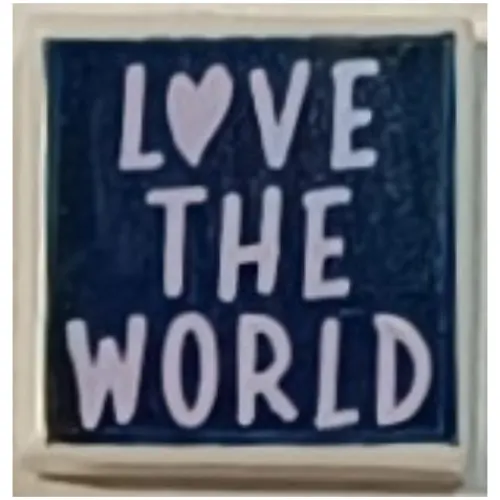 Tile 1 x 1 with Lavender 'LOVE THE WORLD' on Dark Blue Background print
