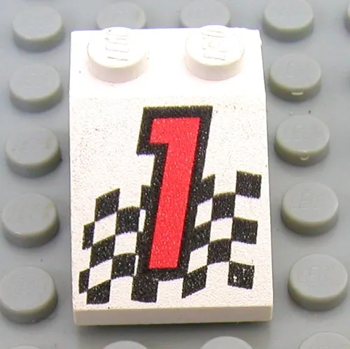 Brick Sloped 33° 3 x 2 with Red '1', Chequered Flag Print