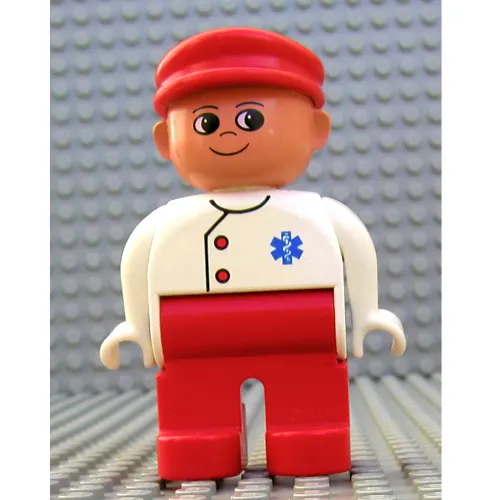 Duplo Figure, Early, with Flat Cap Red, Red Legs, Two Red Buttons and Blue EMT Star of Life Print
