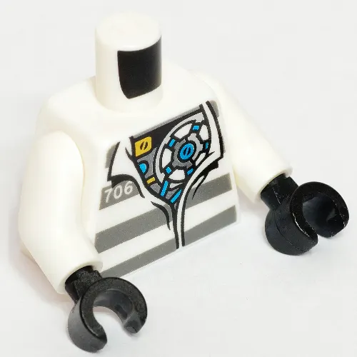 Torso Prison Shirt with Dark Bluish Gray Stripes, Open Shirt with '706' over Mechanical Body / Black Shoulder Blade Lines on Back Print, White Arms, Black Hands
