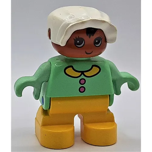 Duplo Figure, Early Child, with Bonnet White, Yellow Legs, Buttons and Collar Print