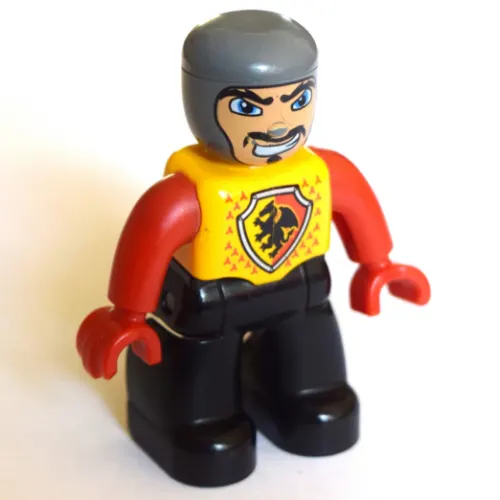 Duplo Figure with Rounded Head with Black Legs, Bright Light Orange Chest, Red Arms and Hands, Wide Crooked Grin