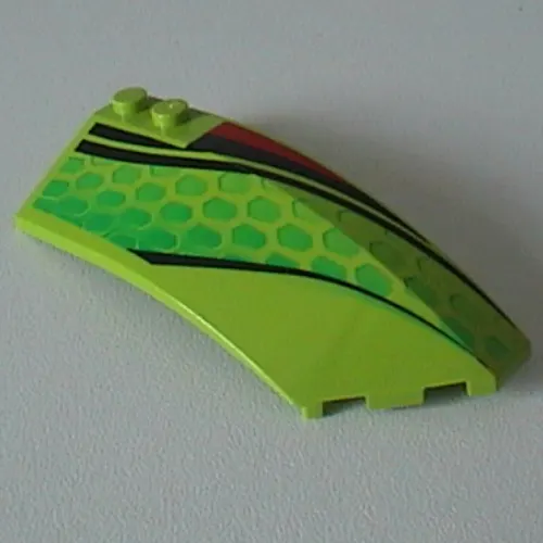 Brick Wedged, Curved 8 x 3 x 2 Open Right with Red and Black Stripes and Green Scales Print