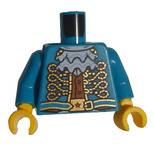 Torso Jacket with Gold Filigree, White Ruffle, Orange Shirt print, Dark Turquoise Arms, Yellow Hands