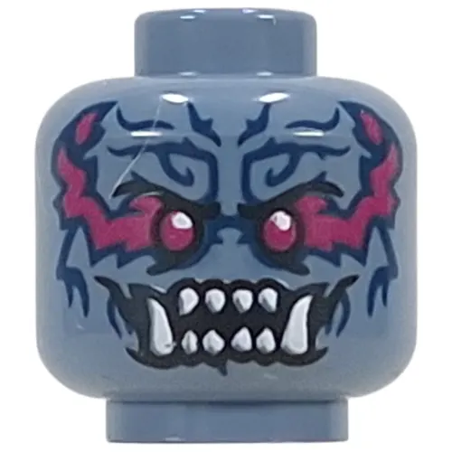Minifig Head Oni Warrior, Dark Purple Eyes, Magenta/Dark Blue Markings, White Sharp Teeth, Fangs
