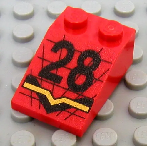 Brick Sloped 33° 3 x 2 with Black '28' and Black/Yellow Stripes Print