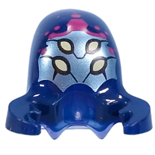 Minifig Head Alien with Stretched Head, with Dark Blue Claws Pattern, Metal Sand Green Face, 4 Bright Light Yellow Eyes, Magenta Hexagons print