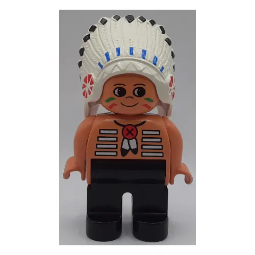 Duplo Figure, Early, Feather Headdress White, Black Legs, Feather Necklace, Facepaint Print