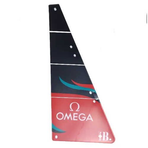Sail, Triangular, Black with 'OMEGA', 37th America's Cup Barcelona Logo and Red and Dark Turquoise Waves Print