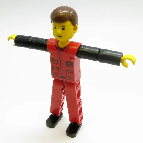 Technic Figure Red Legs, Red Top with Black Print, Black Arms, Brown Hair